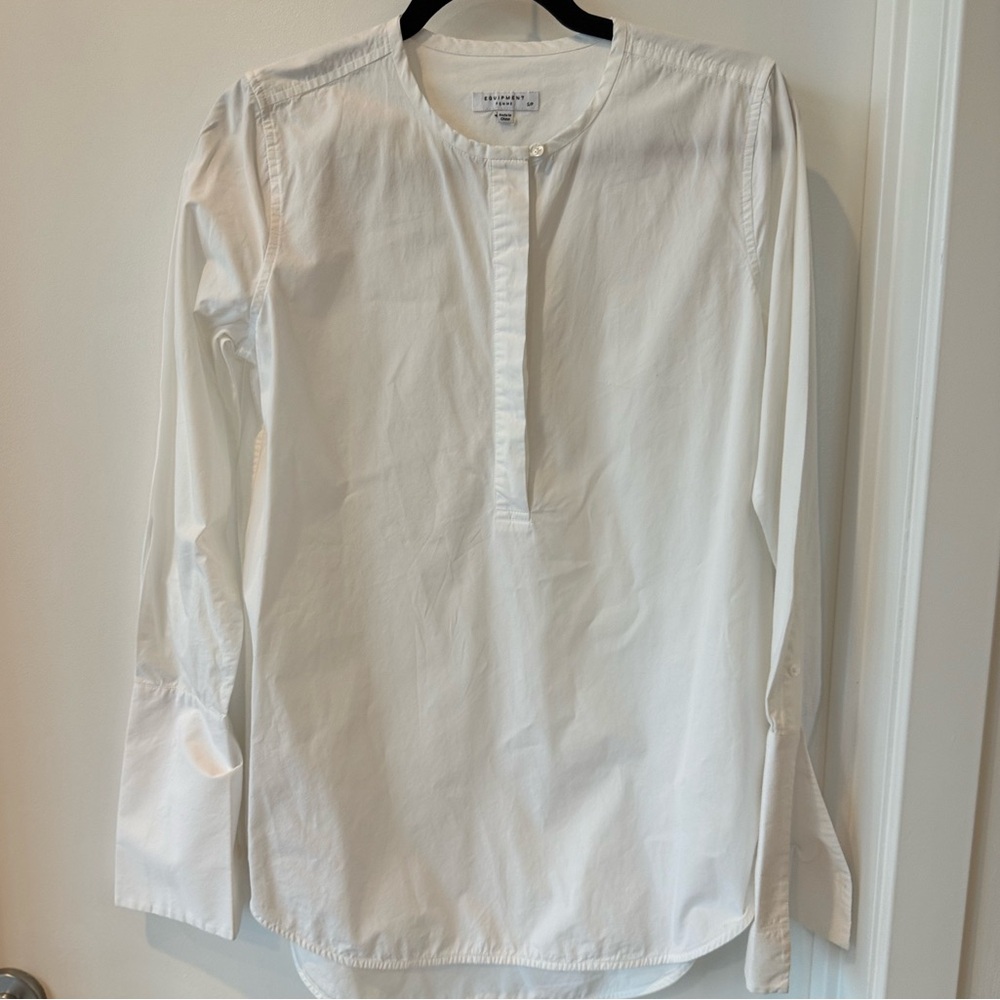 Equipment White Blouse with Cuffed Sleeves and Mandarin Collar